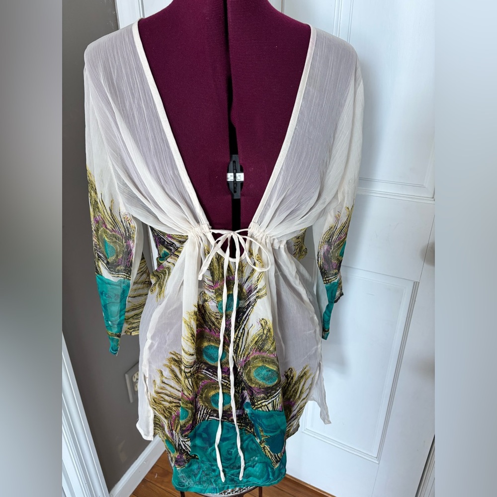 Cream and Jade Blue Peacock Print Beach Coverup. Tie Waist. Beautiful Back.